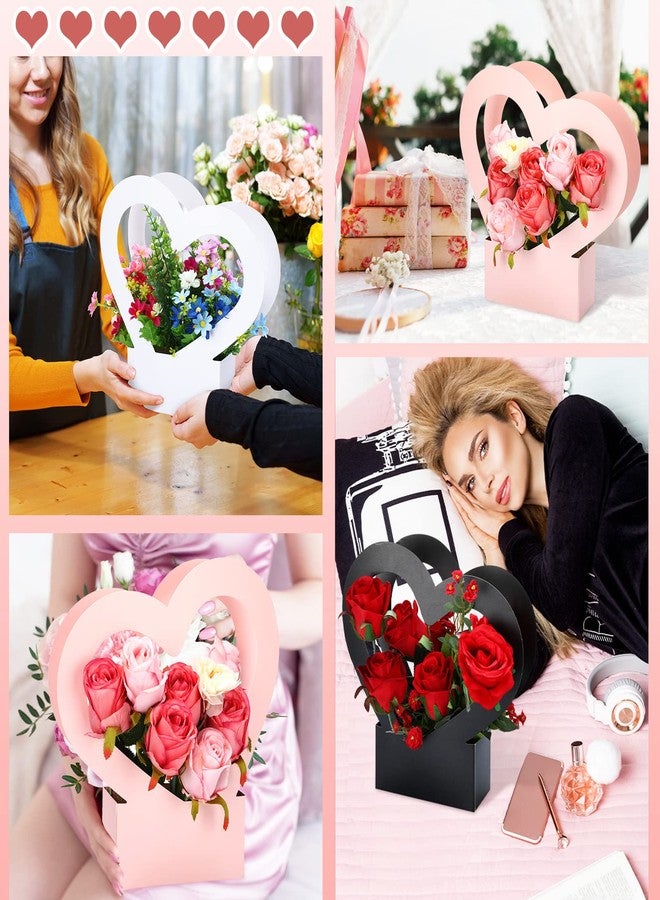 PerKoop 30 Pcs Kraft Paper Flower Box for Arrangement Bouquet Flower Gift Bags with Handle Waterproof Packaging Floral Wrap Wedding Mother's Day Birthday Party, Black, White, Pink(Heart) - Image 3